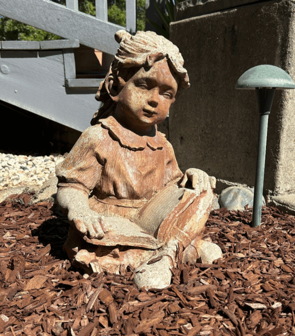 Sweet Concrete Garden Statue – Girl Reading Book – Weathered Charm - Image 3