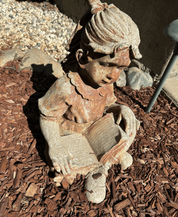 Sweet Concrete Garden Statue – Girl Reading Book – Weathered Charm - Image 2