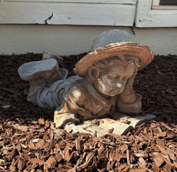 Boy Reading Garden Statue – Aged Terra Cotta Look – 20” Long