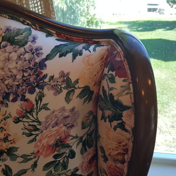 Grace in Bloom – CBS Floral Wingback Chair with Carved Wood Frame - Image 6
