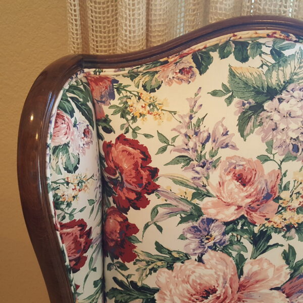 Grace in Bloom – CBS Floral Wingback Chair with Carved Wood Frame - Image 5