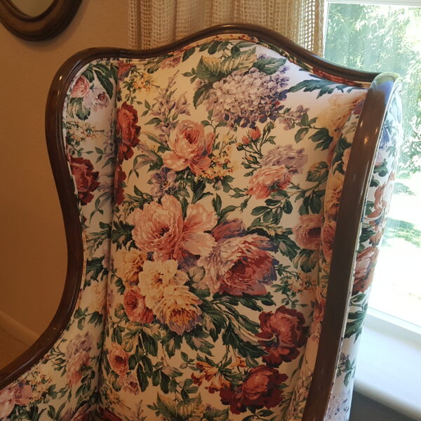 Grace in Bloom – CBS Floral Wingback Chair with Carved Wood Frame - Image 4