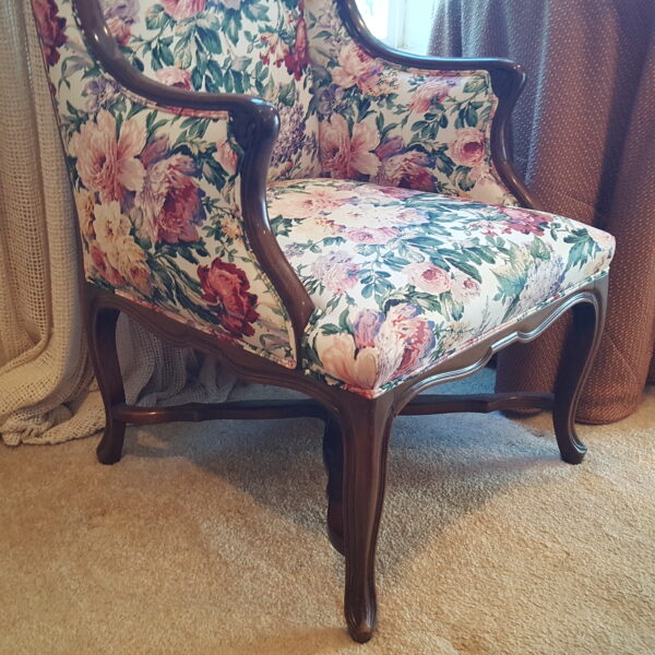 Grace in Bloom – CBS Floral Wingback Chair with Carved Wood Frame - Image 3