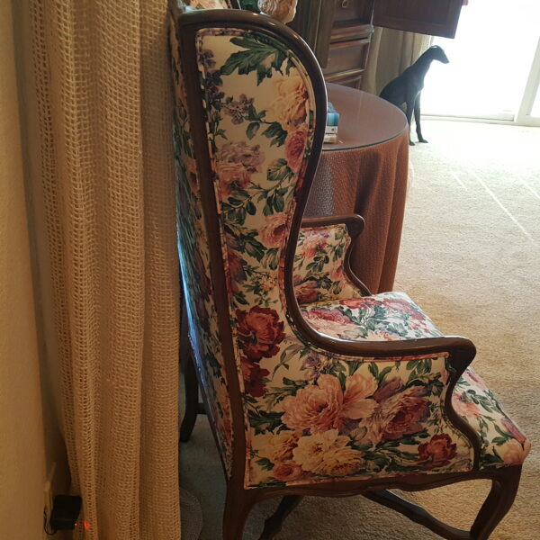 Grace in Bloom – CBS Floral Wingback Chair with Carved Wood Frame - Image 2