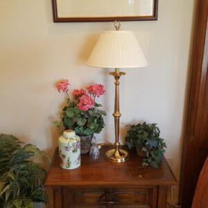 Golden Hour Reflections — Pair of Polished Brass Column Lamps with Pleated Ivory Shades