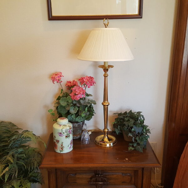 Golden Hour Reflections — Pair of Polished Brass Column Lamps with Pleated Ivory Shades