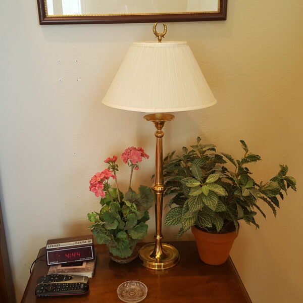 Golden Hour Reflections — Pair of Polished Brass Column Lamps with Pleated Ivory Shades 32" - Image 2