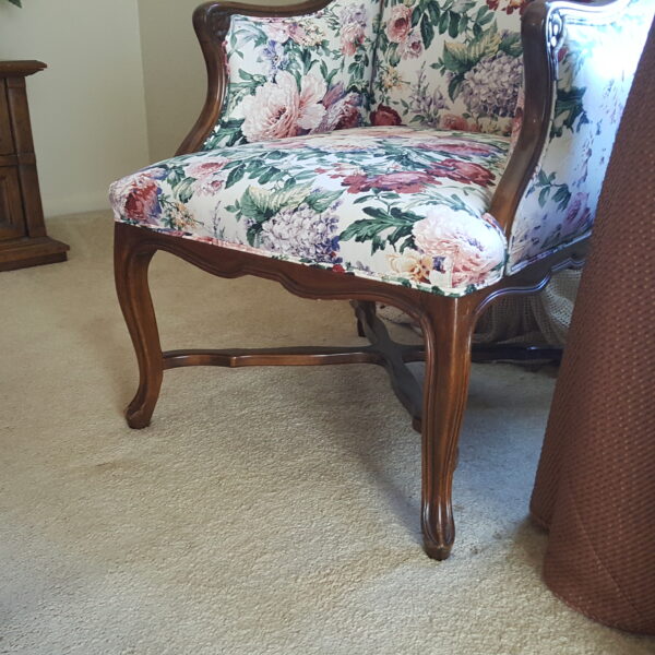 Grace in Bloom – CBS Floral Wingback Chair with Carved Wood Frame - Image 8