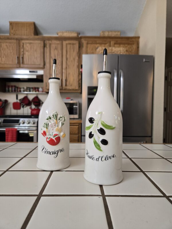 Vintage Revol France Oil & Vinegar Bottles – Hand-Painted Porcelain, 12" Tall – Huile d'Olive & Vinaigre - Image 2