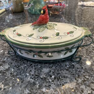 Temptations Presentable Ovenware Holiday Casserole Dish with Cardinal Lid + Wire Rack