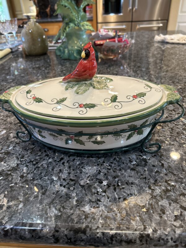 Temptations Presentable Ovenware Holiday Casserole Dish with Cardinal Lid + Wire Rack