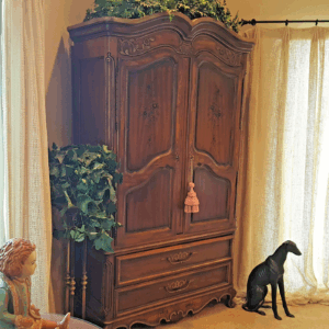 French Provincial Elegance – Carved Wood Armoire with Four Drawers & Hidden Media Storage
