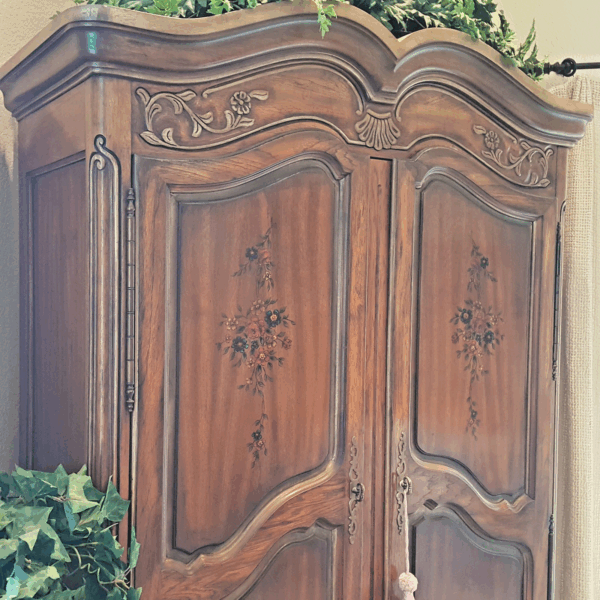 French Provincial Elegance – Carved Wood Armoire with Four Drawers & Hidden Media Storage - Image 2