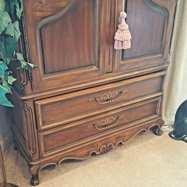 French Provincial Elegance – Carved Wood Armoire with Four Drawers & Hidden Media Storage - Image 3