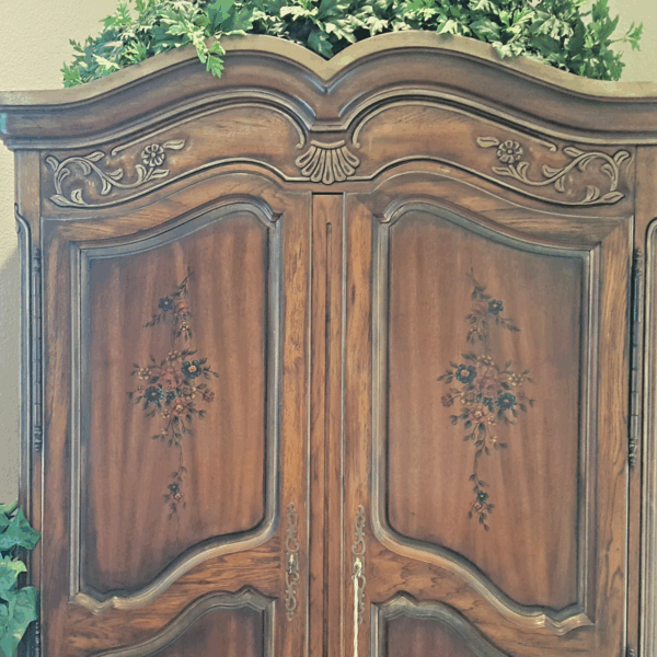 French Provincial Elegance – Carved Wood Armoire with Four Drawers & Hidden Media Storage - Image 4