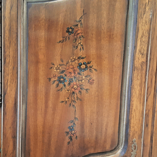French Provincial Elegance – Carved Wood Armoire with Four Drawers & Hidden Media Storage - Image 5