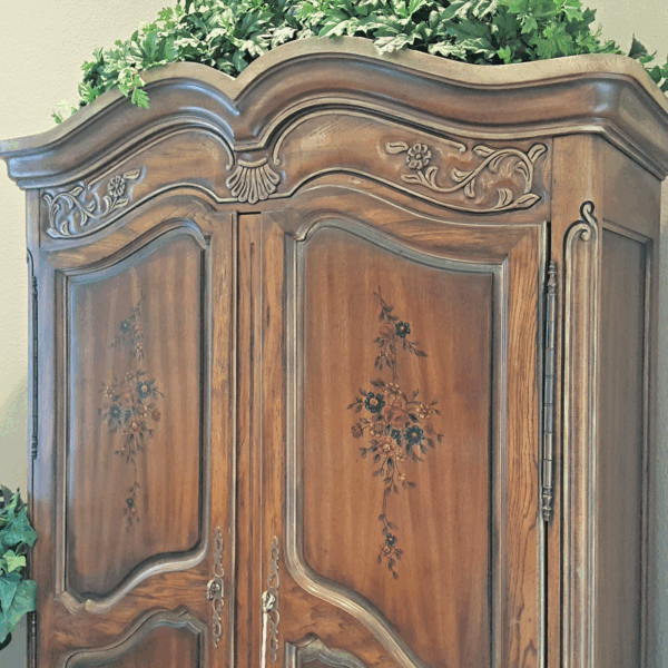 French Provincial Elegance – Carved Wood Armoire with Four Drawers & Hidden Media Storage - Image 6