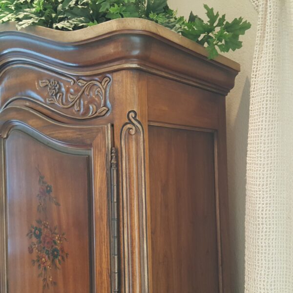 French Provincial Elegance – Carved Wood Armoire with Four Drawers & Hidden Media Storage - Image 7